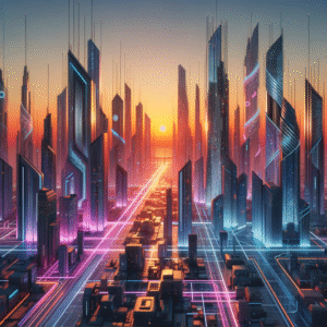A futuristic city skyline at sunset, in digital art style